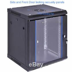 12U Wall mount Data Cabinet 19 Server Network Rack Lock Keys Glass Door Air Fan