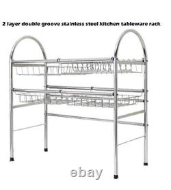 2 Layer Stainless Steel Kitchen Tableware Drain Rack Bowl Dish Holder Shelf