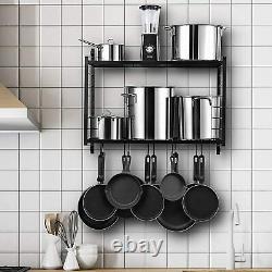 2 Tiers Kitchen Pot Pan Rack Wall-Mount Cookware Shelf Saucepan Pot Holder Hooks