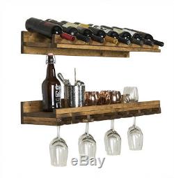 36-Inch Wooden Wall Mounted Rustic Luxe 21 Wine Glasses Bottle Stemware Rack Set