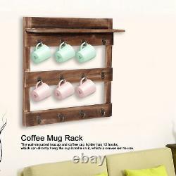 3-Tier Wall Mounted Wood Coffee Mug Rack/ Cup Storage Hanger Organizer 12 Hooks