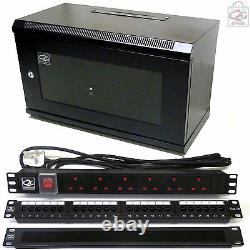 6U Black 450mm Data Cabinet + C5e Patch Panel, PDU, Brush Bar Network Comms Rack