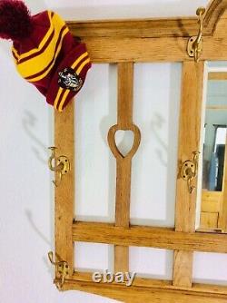 Antique Arts & Crafts Golden Oak Coat Rack / Wall Mounted Hat Stand with Mirror