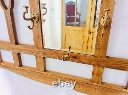 Antique Arts & Crafts Golden Oak Coat Rack / Wall Mounted Hat Stand with Mirror