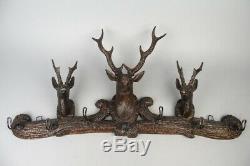Antique Black Forest Hand Carved Wood Wall Mount Coat Hook Rack 1900