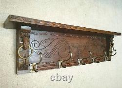 Antique Coat Rack Original & Genuine 5 Cast Iron Hooks Oak wood shelf