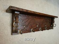 Antique Coat Rack Original & Genuine 5 Cast Iron Hooks Oak wood shelf