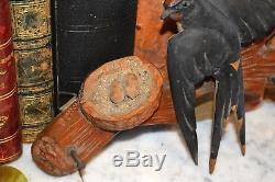 Antique German Bird and Nest Black Forest Carved Wood Key Hook Rack Wall Mount