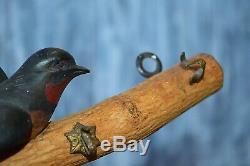 Antique German Bird on Limb Black Forest Carved Wood Key Hook Rack Wall Mount