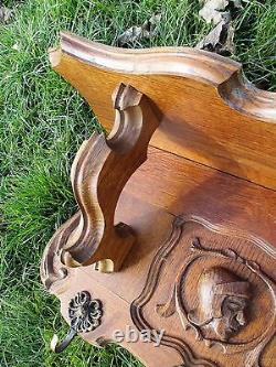 Antique Hand Carved Oak Coat Hat Rack Wood Carved Heads Gorgeous