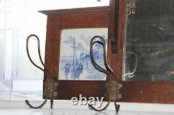 Antique Mirrored Oak Coat Hat Rack Shelf Wall Mount with Blue Tiles