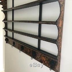Antique Plate Rack 19th Century Poker Work Fruit Wood Rack With Hanging Hooks