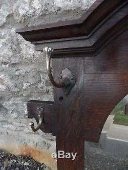 Antique Victorian oak wall mount hall MIRROR COAT HAT HANGER RACK brass hooks