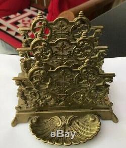 Antique Vintage Ornate Baroque Style Shell Fancy Brass Letter Rack Holder