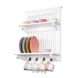 Aston White Kitchen Plate Rack, Wooden and Wall Mounted. Solid Top Shelf above