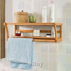 Bamboo Wooden Wall Mounted Bathroom Towel Rail Holder Shelf Unit Storage Rack