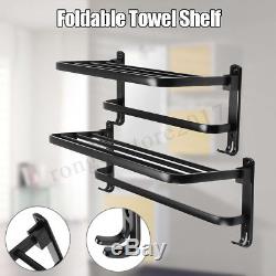 Bathroom Wall-Mounted Oil Black Foldable Towel Rail Storage Rack Shelf Holder UK
