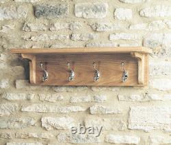 Baumhaus Mobel Oak Wall Mounted Coat Rack Shelf with 4 Coat Hooks Solid Oak