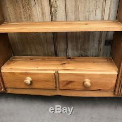 Charming Solid Vintage Country Farmhouse Pine Wall Plate Rack With Two Drawers