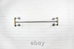 Clothes Rail Rack Wall Mounted Single Industrial Silver Steel & Brass Metal