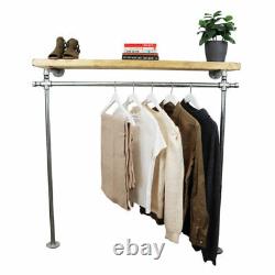 Clothes Rail Rack With Solid Wood Shelf Industrial Cross-Mounted Silver Steel