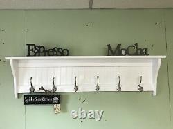 Coat Rack Wall Shelf With Hooks Wood White Wall Hanging with Satin Chrome Hooks