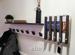 Coat Rack with Shelf / Wood Hooks / Jacobean Oak and White
