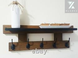 Coat Rack with Shelf / Wood Hooks Oak / Black Iron Hooks / Shelves