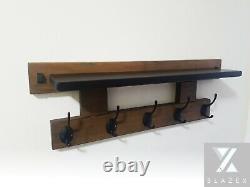 Coat Rack with Shelf / Wood Hooks Oak / Black Iron Hooks / Shelves