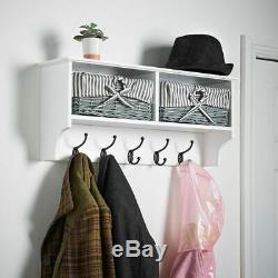Compact Wall Hanging Storage Rack With Shelf, Coat Hooks & Baskets White Grey