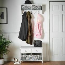 Compact Wall Hanging Storage Rack With Shelf, Coat Hooks & Baskets White Grey