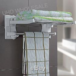 Double Wall Mounted Bathroom Towel Holder Shelf Storage Rack Rail Foldable Home