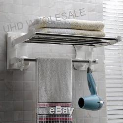 Double Wall Mounted Bathroom Towel Holder Shelf Storage Rack Rail Foldable Home