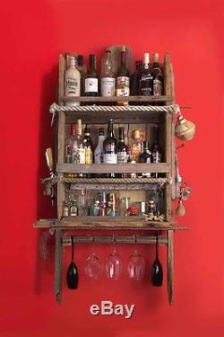 Driftwood Wall Mounted 3 Shelves Bottle Rack Cabinet Rustic Glass Holder Storage