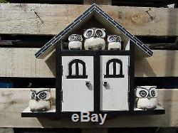 Fair Trade Hand Made Carved Owl Bird Key Wall Cabinet Rack Hook Holder Box