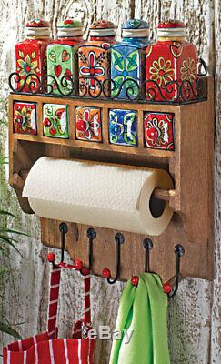 Fair Trade Kitchen Mango Wood Rack 5 Ceramic Spice Jars Drawers Hooks Towel
