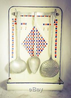 French Enamel Spoon Utensils Rack with Spoons Enamelware wall mounted