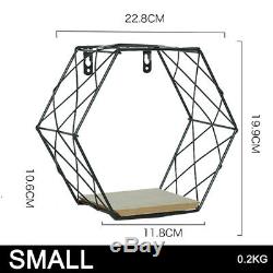 Geometric Hexagon Metal Wall Wire Shelf Storage Holder Wood Rack-Shelves Modern
