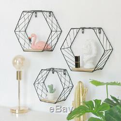 Geometric Hexagon Wall Wire Shelf Storage Holder Wood Rack-Shelves Design Decor