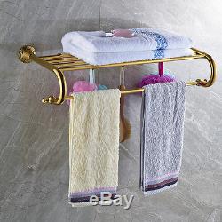 Golden Solid Brass Bathroom Towel Rack Holder Wall Mounted Towel Rail Bar Hooks
