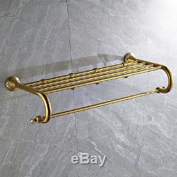 Golden Solid Brass Bathroom Towel Rack Holder Wall Mounted Towel Rail Bar Hooks