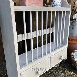 Grey Hand Painted Rustic Country Farmhouse Style Vintage Plate Rack / Shelf Unit