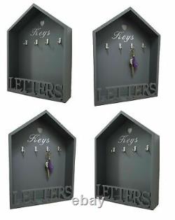 Grey House Shape Letter Rack & Key Holder Hooks Shabby Chic Wall Mounted Storage
