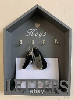 Grey House Shape Letter Rack & Key Holder Hooks Shabby Chic Wall Mounted Storage