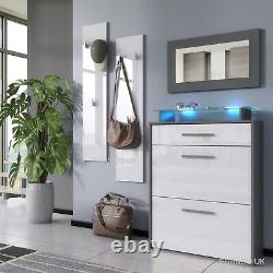 Hallway Furniture Set Gloss White Coat Rack Shoe Cabinet Mirror Corido LED Light