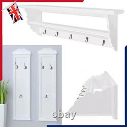 Hallway White Coat Rack Hanger Wall Mounted Stand Storage Shelf Hat Clothes Hook