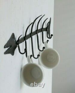 Hand carved cast iron fishbone double hooks hanger coat rack kitchen cup holder