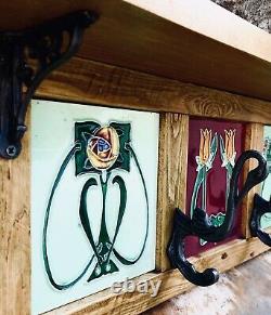 Handmade Art Nouveau Tubelined Tile Antique Iron Hooks Coat Rack