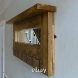 Handmade Rustic Farmhouse Scaffold Wood Coat Rack With Mirror & Shelf Hallway