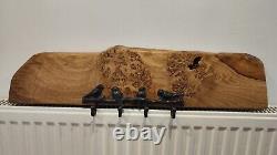 Handmade Solid Oak Burr Live Edge Coat Rack with Cast Iron Bird Hooks Rustic